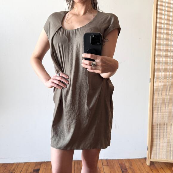 HELMUT LANG Minimalist Taupe Asymmetric Sleeveless Mini Shift Dress - Picture 1 of 13